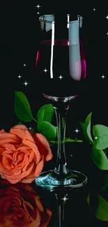 Wine glass with orange rose and green leaves on dark background.