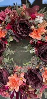 Elegant floral wreath wallpaper with vibrant colors and burgundy accents.