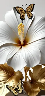 White flower and butterflies art with gold accents.