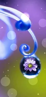 Close-up of a dewdrop on a flower with purple and blue hues.