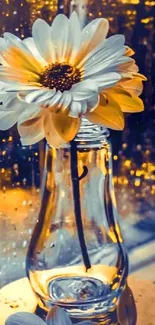 White flower in a glass vase with rain-dropped window backdrop.