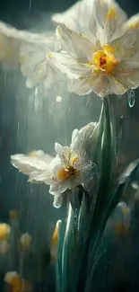 Elegant white flower drenched in rain, set against a dark green backdrop.