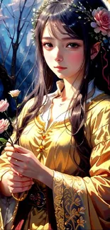 Elegant maiden in golden dress holding a flower, a beautiful wallpaper.