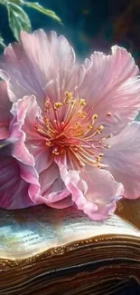 Pink flower resting on an open book with artistic flair.