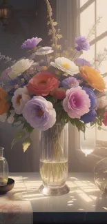 Elegant flower vase illuminated by sunlight with colorful blossoms.