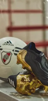 Black and gold football boots with Adidas soccer ball.