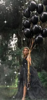 Woman in black dress with balloons in a misty forest.