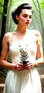 Elegant woman in forest holding a small kitten.