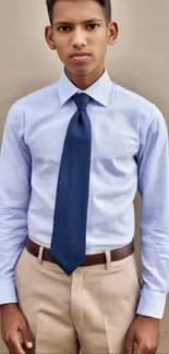 Young man in blue shirt and beige trousers, formal attire.