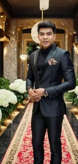 Sophisticated individual in elegant attire in a luxurious, opulent setting.