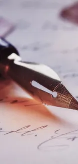 Close-up of an elegant fountain pen nib on paper.