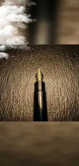 Fountain pen tip on brown textured background with clouds.