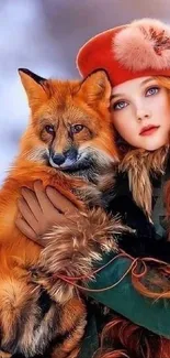 Girl with red hair and fox in winter setting.