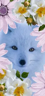 Arctic fox with pink and white floral design mobile wallpaper.