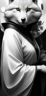 Grayscale artwork of an elegant fox warrior in traditional attire.