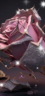 Fractured pink rose with metallic accents in an artistic design.