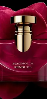 Luxurious perfume bottle with red petals on a dark background.