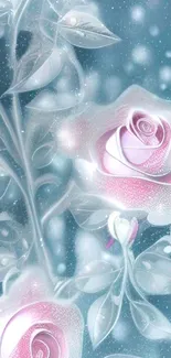 Frosted roses wallpaper with pink petals and teal leaves.