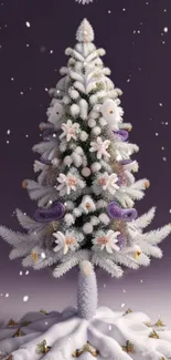 Frosty Christmas tree with purple backdrop and delicate decorations.