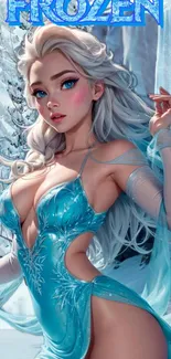 Frozen-inspired elegant female character in blue dress mobile wallpaper.