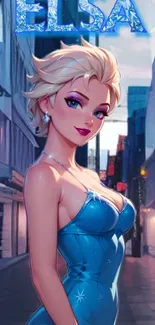 Elegant Frozen character in a blue dress on a city street.