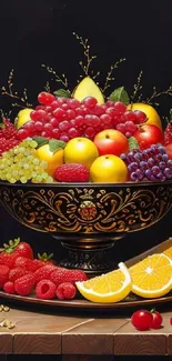 Elegant fruit bowl with vibrant fruits on ornate dishware.