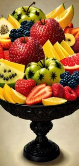 A vibrant display of assorted fruits in a decorative black bowl.