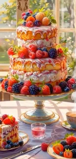 Elegant three-tier fruit cake with berries on a table.