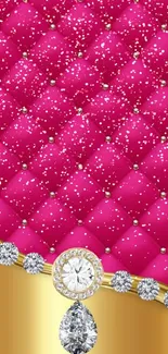 Elegant fuchsia quilted wallpaper with gold and diamonds.