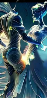 Futuristic dancers in a blue and gold abstract setting.