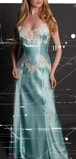 Elegant woman in teal dress with futuristic overlay wallpaper.