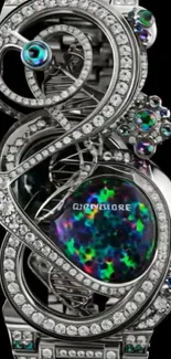 Intricate futuristic watch design with jewels and metallic details.