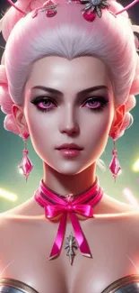 Futuristic woman with pink highlights and futuristic attire.