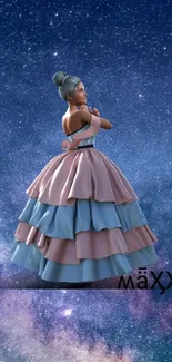 Elegant figure in a layered dress set against a galaxy-themed background.