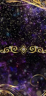 Elegant galaxy wallpaper with golden swirls and a cosmic background.