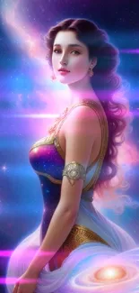 Fantasy woman in galaxy-themed attire with nebula background.