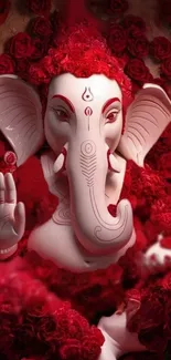 Statue of Lord Ganesh surrounded by red roses.