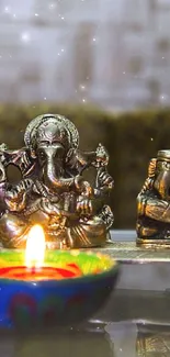 Decorative display of Ganesha with diya for mobile wallpaper.