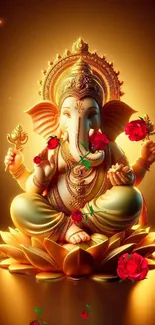 Elegant Ganesha adorned in gold and red with vibrant floral touches.