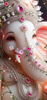 Ganesha idol ornate with jewels and flowers in an artistic mobile wallpaper.