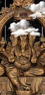 Intricate golden Ganesha statue wallpaper with ornate design on a black background.