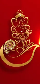 Gold Ganesh design on a red background with a glowing light