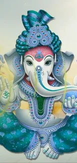 Intricate Ganesha artwork in teal and green hues for mobile wallpaper.