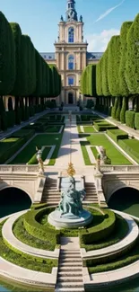 Elegant garden view with lush greenery and historical architecture.