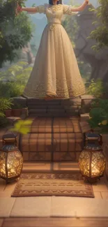 A woman in an elegant dress stands among lanterns in a scenic garden path at dusk.