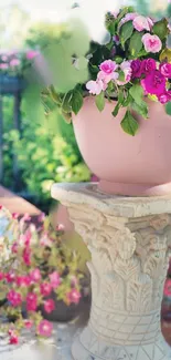 Elegant garden wallpaper with pink flowers on a decorative pot.