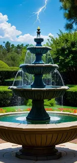 Elegant garden fountain beneath a cloudy sky with lightning.