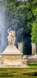 Classical statue with garden fountain in lush green setting.