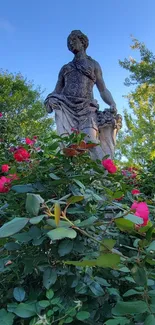 Garden statue with red roses and blue sky background.