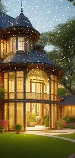 Elegant garden villa illuminated at dusk, surrounded by lush greenery and flowers.